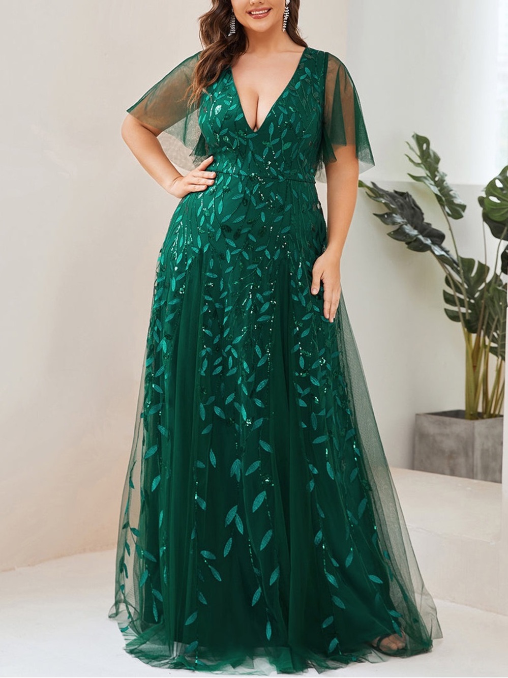 Ever Pretty Emerald Green V-Neck Leaf Sequin Embroidered Gown 26